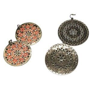 Round big graphic design set 2 gold pink earrings pierced dangle embossed READ